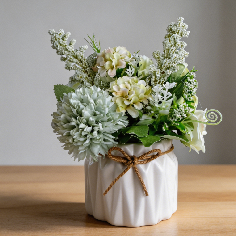 Green Hydrangea Artificial Flowers, Ceramic Desktop Potted Plants